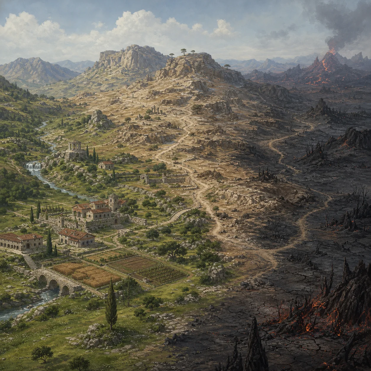 Editorial illustration comparing green settlement lowlands, dry rocky highlands, and a volcanic ashland