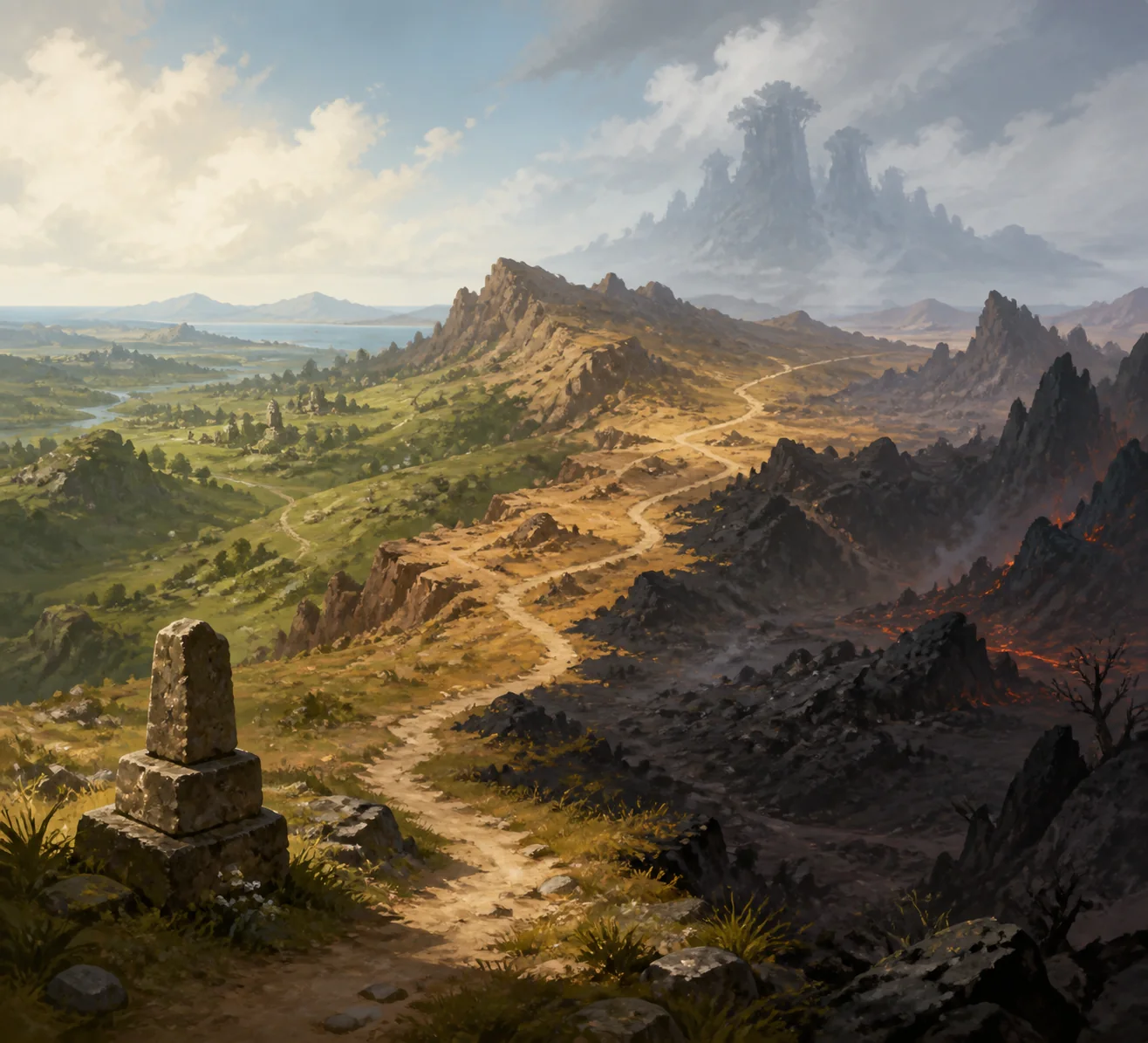 Editorial illustration showing three connected regions and an unconfirmed misty landform beyond a ridge