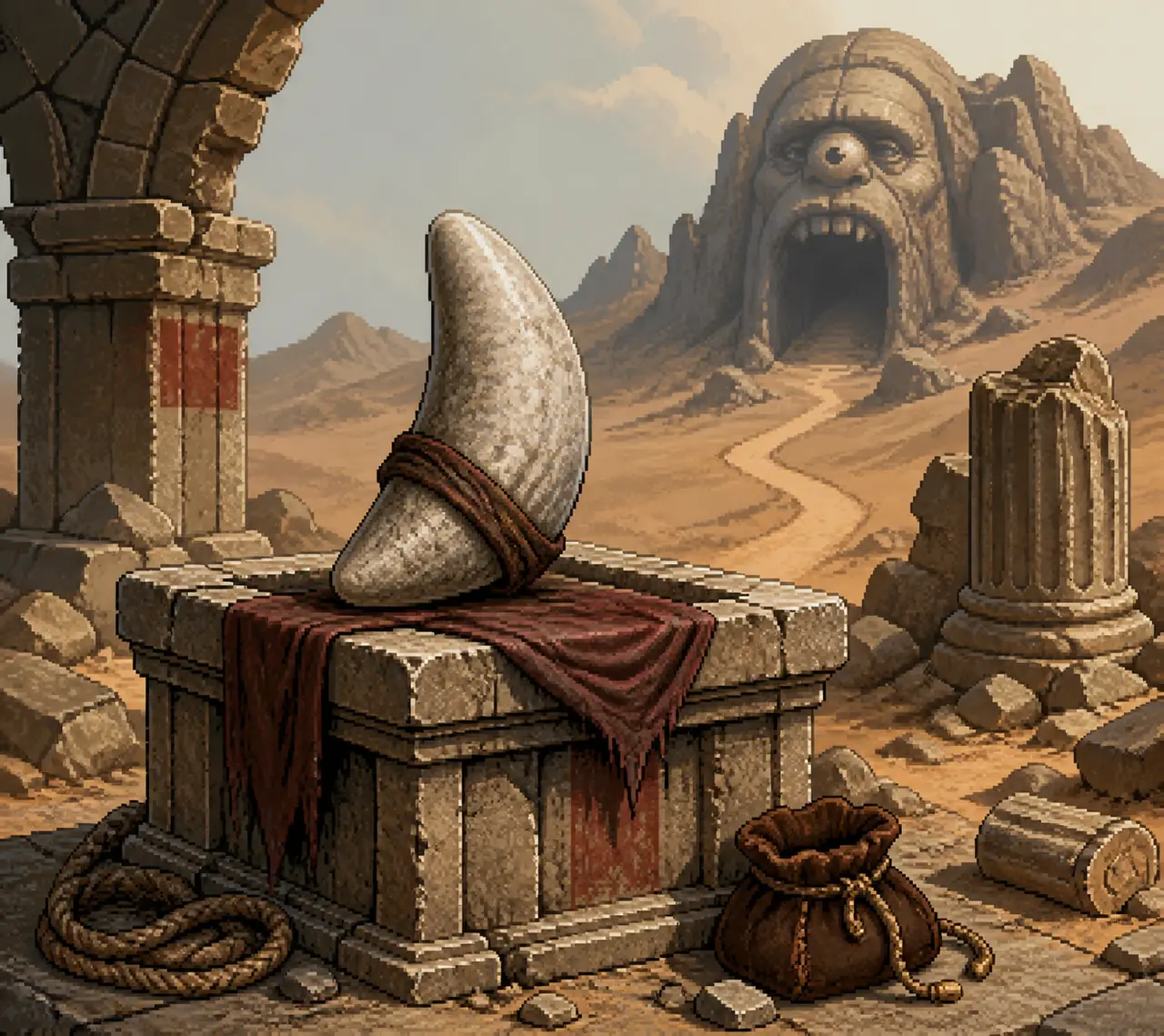 Editorial concept illustration of the Granite Tooth relic on a Roman altar with the Cyclops desert entrance in the distance