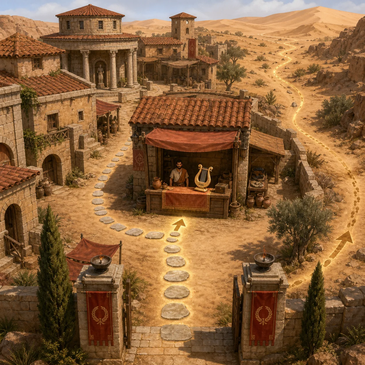 Concept illustration of a Romestead desert settlement route leading to a market merchant with a Lyre
