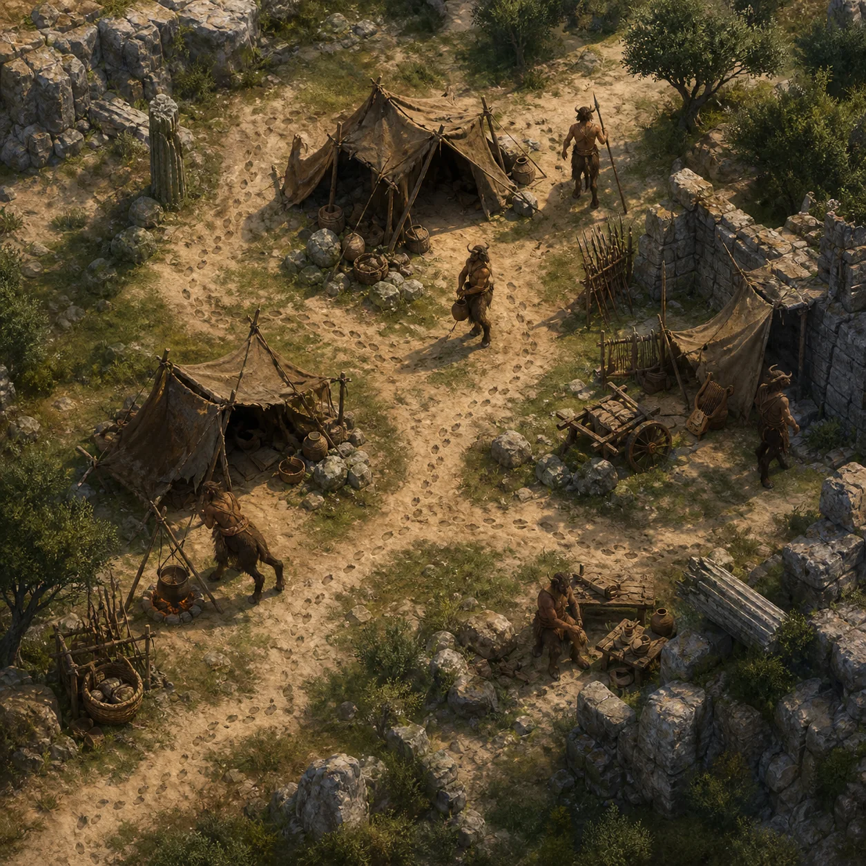 Concept illustration of a Romestead Satyr camp with looping paths for a cautious Lyre search