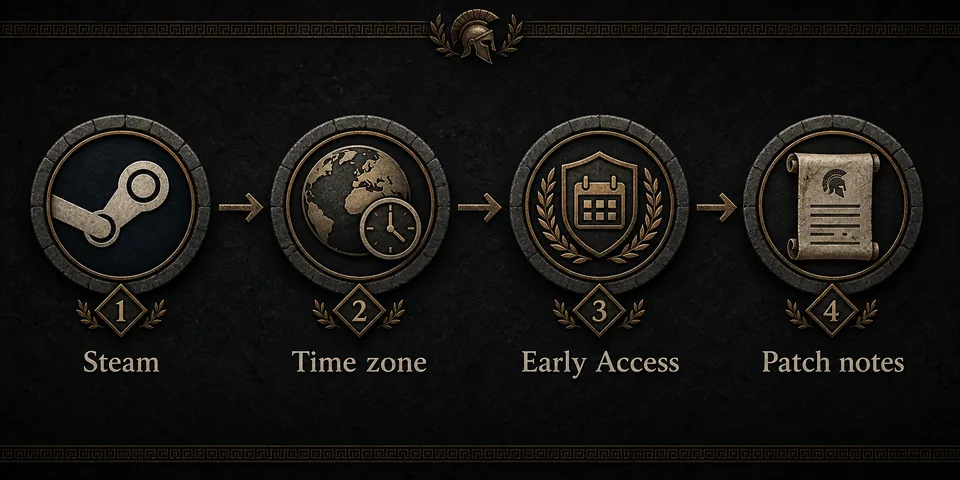 Línea de tiempo editorial con Steam, zona horaria, Early Access y notas de parche para Romestead