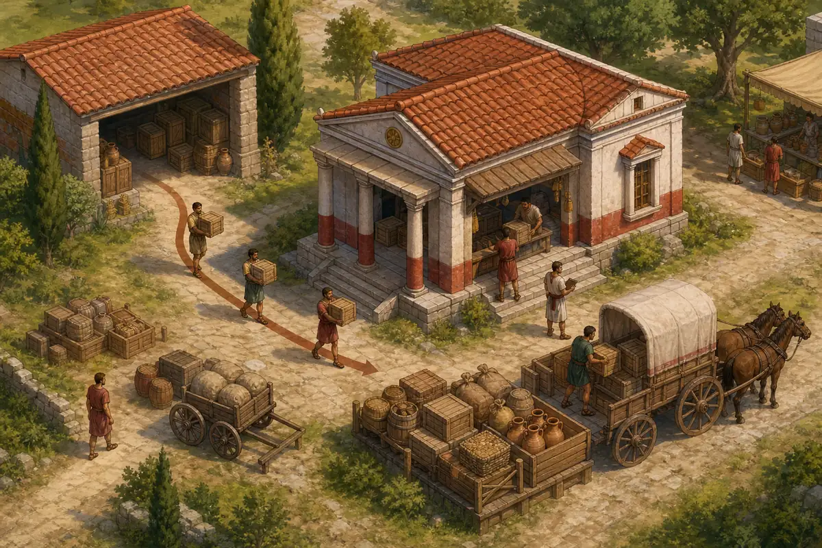 Redaktionelle Illustration einer römischen Siedlung mit Kistentransport zwischen Lager und Handelsposten
